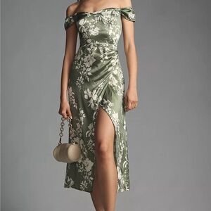 Reformation Off Shoulder Green Maxi Dress